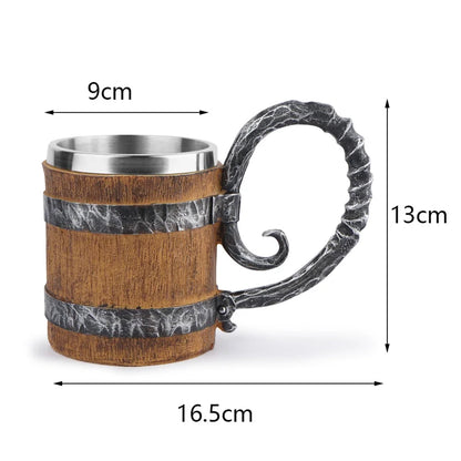 Viking-Style Wooden Beer Mug – Insulated Metal Barrel Cup for Drinks (1PCS)