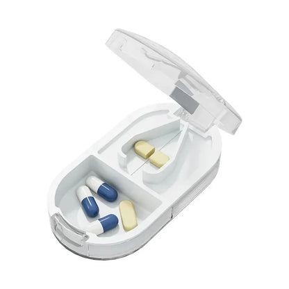 Quartering Pill Cutter & Storage Box – Portable Dustproof Medicine Tablet Crusher with Divider Organizer
