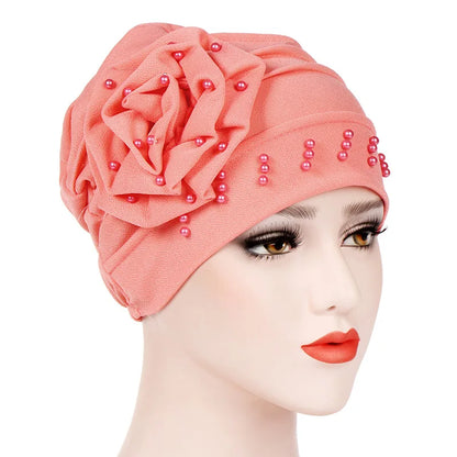 2024 Pearl Embellished Muslim Turban Beanie for Women – Elastic Hijab Headwrap with Flower Chemo Cap