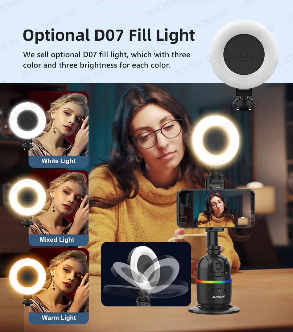Smart Auto Face Tracking AI Gimbal – 360° Desktop Vlog Stabilizer for Smartphone & Action Camera (Tripod Optional)