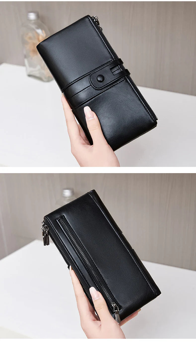 RFID Blocking Large Capacity Wallet – Soft Leather Solid Color Clutch, Multi-Functional Zipper Purse for Women & Men