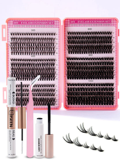 DIY Lash Extension Kit – Mix Individual Lash Clusters with Lash Bond & Seal, Includes Tweezers for Eyelash Extensions