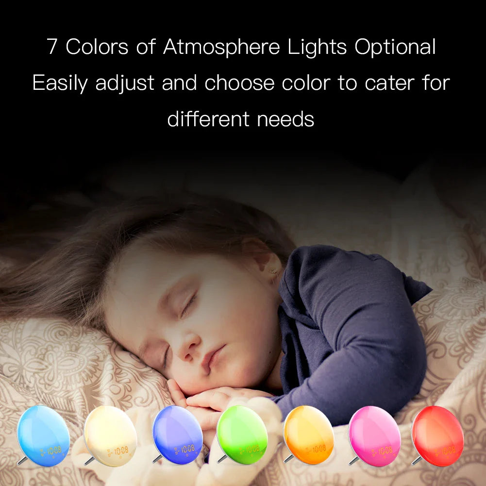 WiFi Smart Wake-Up Light Alarm Clock – 7-Color Sunrise/Sunset, Tuya App Compatible with Alexa & Google Home