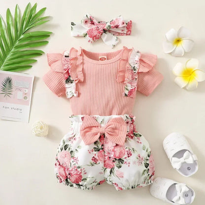 Newborn Baby Girls Clothes Set – Pink Ruffle Top & Heart Print Bow Trousers, Princess Casual Outfit for Infants