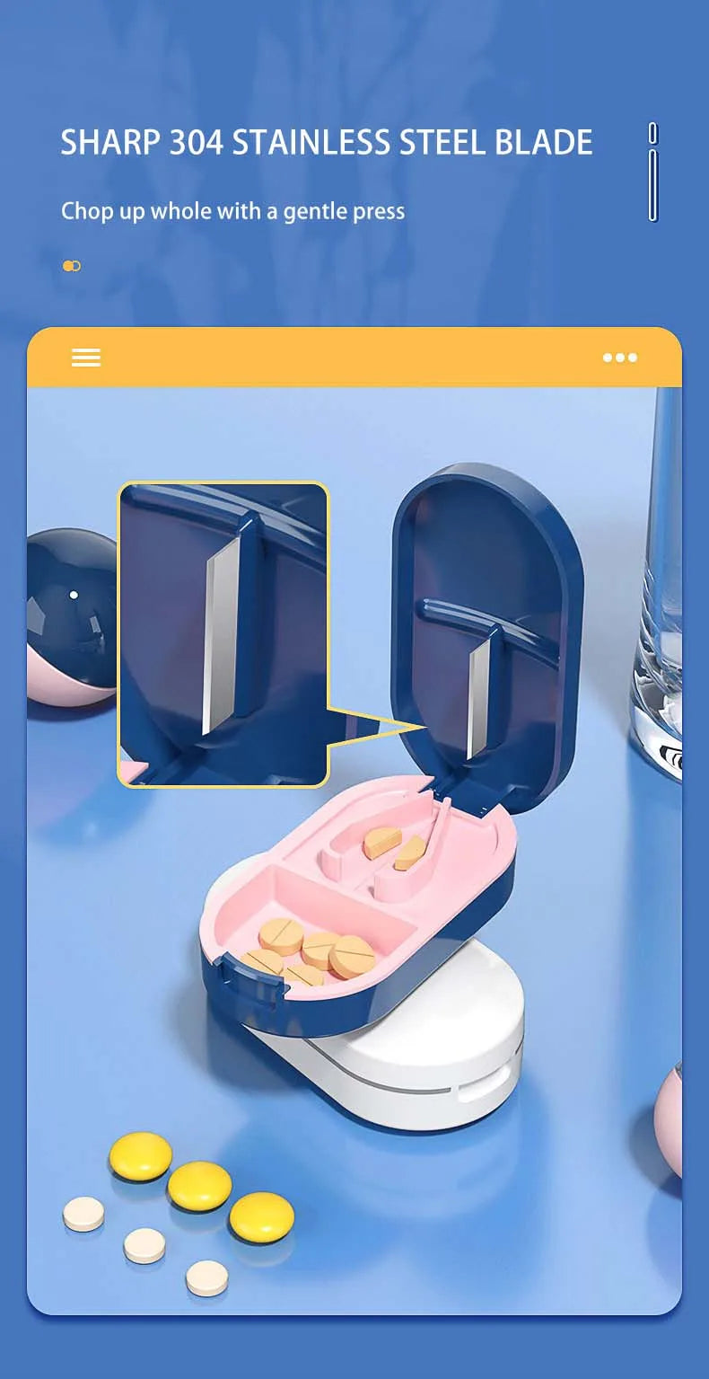 2-in-1 Pill Cutter with Invisible Storage Box – Portable Mini Tablet & Medicine Crusher, Dustproof Divider Organizer
