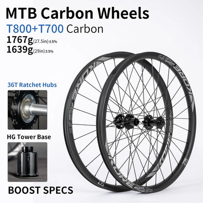 KORE MTB Carbon Wheelset – 27.5/29in Enduro & Downhill with 36T Ratchet HG Hub, BOOST, 28H, 30–36mm Width