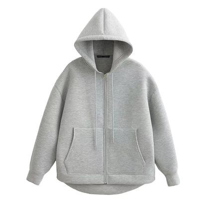 TRAFZA Autumn Women's Gray Jacket – Hooded, Long Sleeve, Zipper Coat with Big Pockets, Loose Casual Outerwear Tops