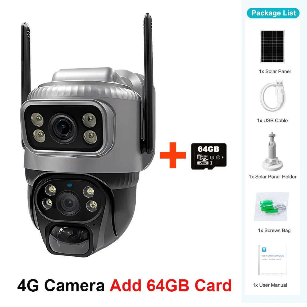 V380 Dual-Lens 4G Security Camera — 8MP 4K Solar IP Cam with PIR Motion Detection, Night Vision, Waterproof, Battery-Powered CCTV Monitor