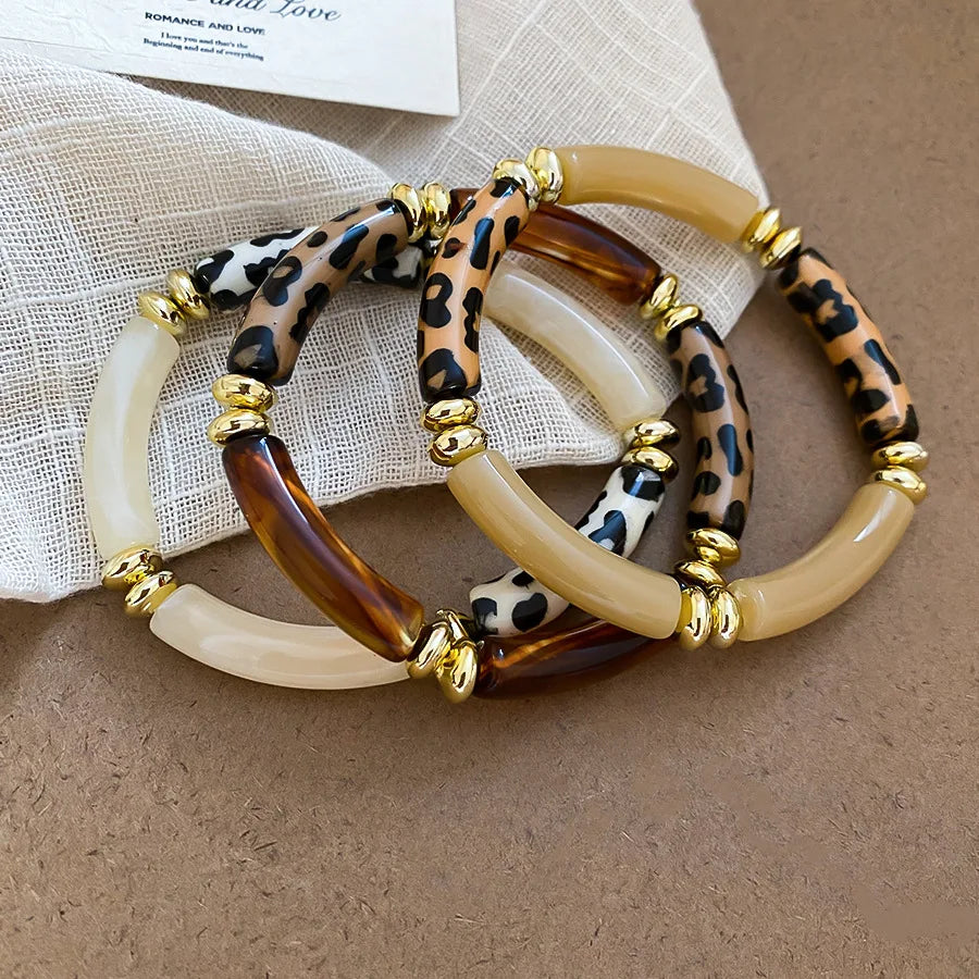 Leopard Print Bamboo Tube Acrylic Bracelets - Retro Stretch Beaded Bangles for Women & Men, Stackable Jewelry Gift