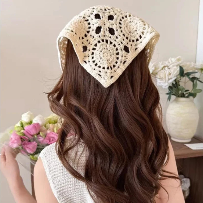 Women’s Beige Crochet Hair Scarf - Sheer Mesh Triangle Bandana Retro Headwrap & Neck Accessory