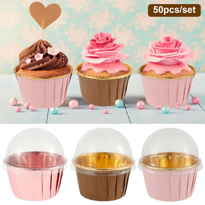 50Pc Foil Cupcake Liners with Lids - Heat Resistant 5.5oz Aluminum Cake Cups - Round Foil Baking Cups for Kitchen Wedding Party Supplies