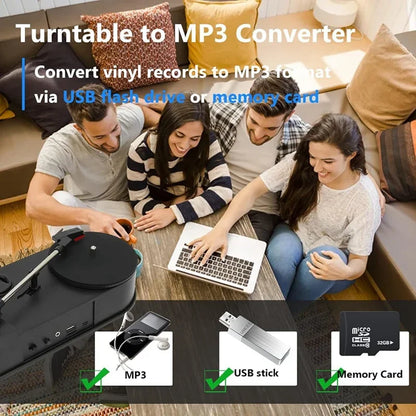 Portable 33/45RPM Phonograph Turntable — Vinyl to MP3 Converter with TF Card/USB & Built-in Speaker
