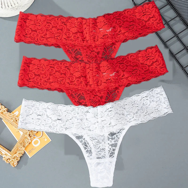 3PCS Lace Floral Women’s Panties - Low Waist Breathable Briefs & Thong, Sexy G-String Transparent Underwear (M-2XL)