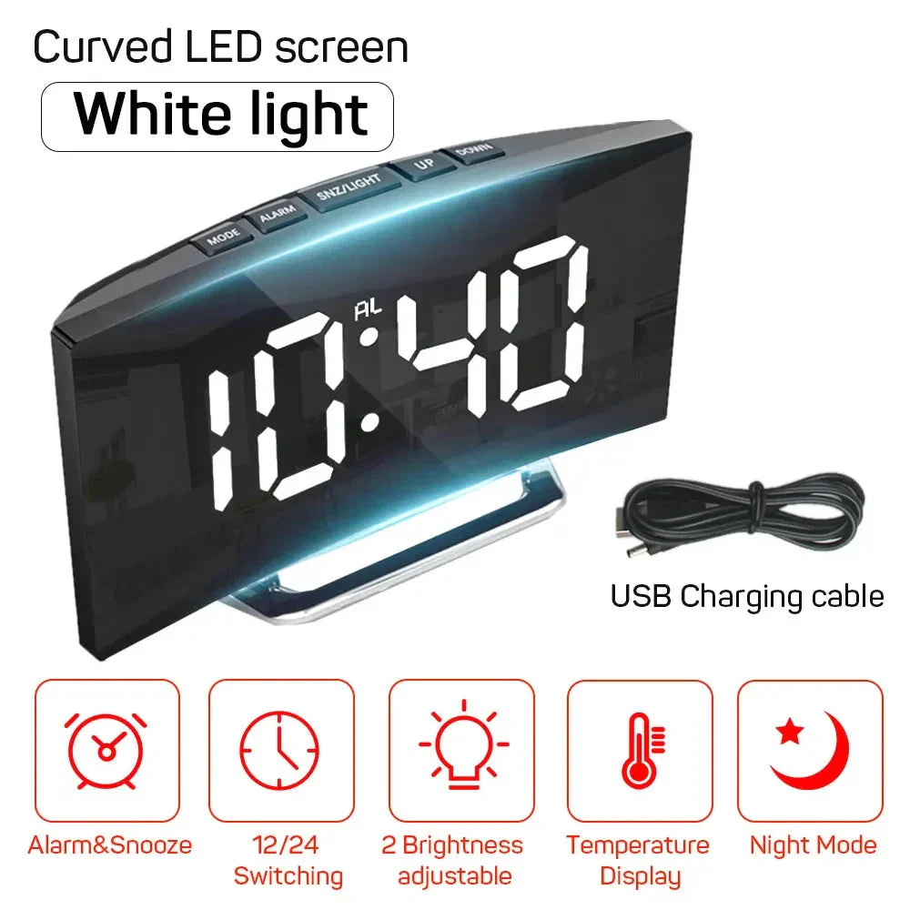 Noiseless LED Mirror Alarm Clock — Large Digital Display Silent Electronic Clock