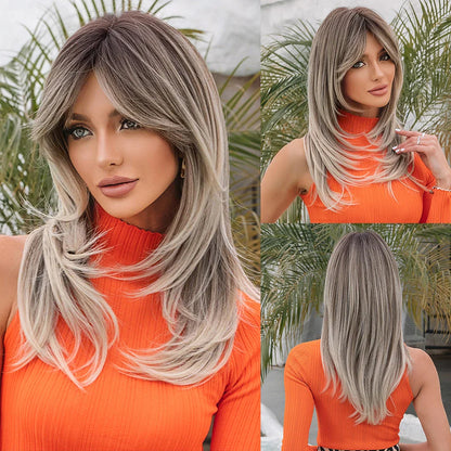 Long Straight Layered Blonde Wig with Platinum Highlights — Synthetic Hair with Bangs, Heat-Resistant for Women Daily & Cosplay