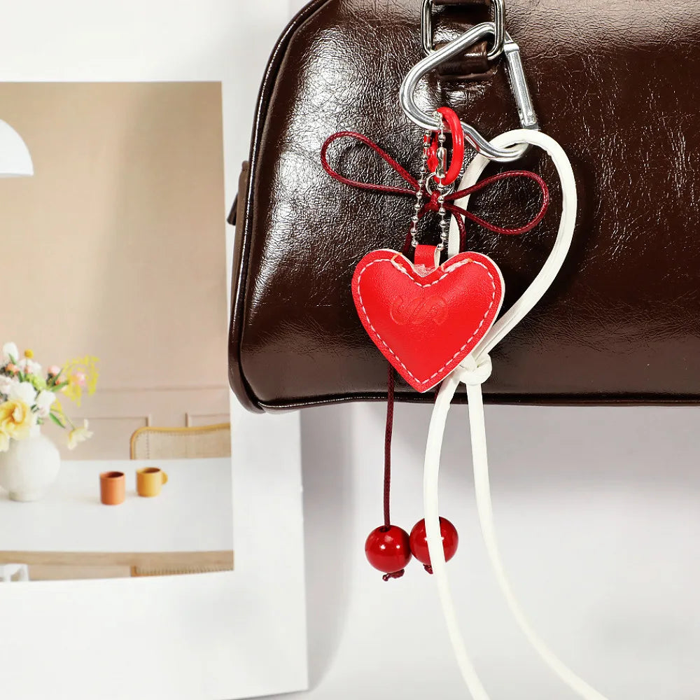 Y2K Leather Rope Keychain with Cherry Bow – Cute 3D Heart Bag Pendant Cartoon Keyring & Anti-Lost Phone Lanyard