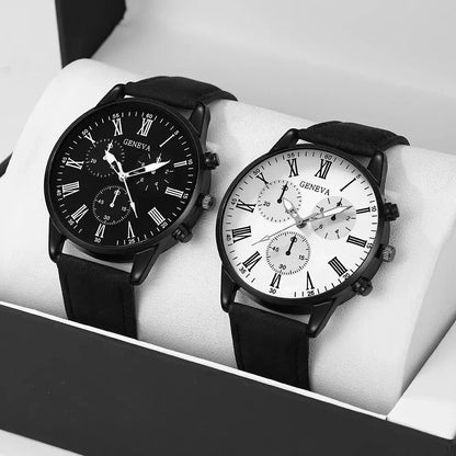 2PCS Set Couple Fashion Leather Watches – Simple Dial Quartz Wristwatches for Ladies & Men, Casual Dress Clocks
