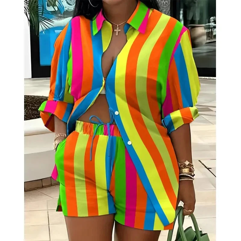 Women’s Colorful Striped Two-Piece Set – Casual Summer Button-Up Long Sleeve Shirt & Shorts Outfit