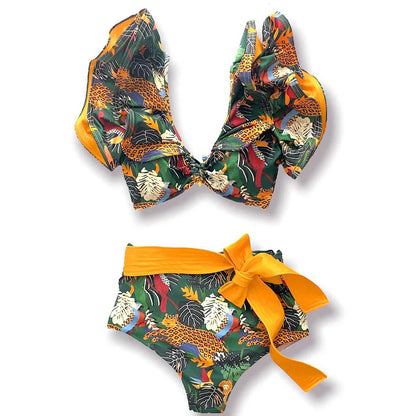 Sporlike V-Neck Ruffled Bikini Set – High Waist Sexy Printed Two-Piece Swimsuit for Women 2025