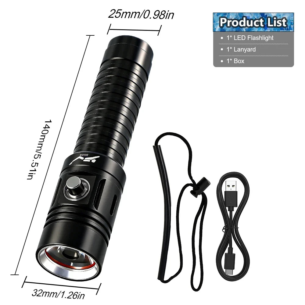 2026 Dive Flashlight - IPX8 Waterproof Rechargeable 18650 LED Scuba Diving Torch with 50M Range