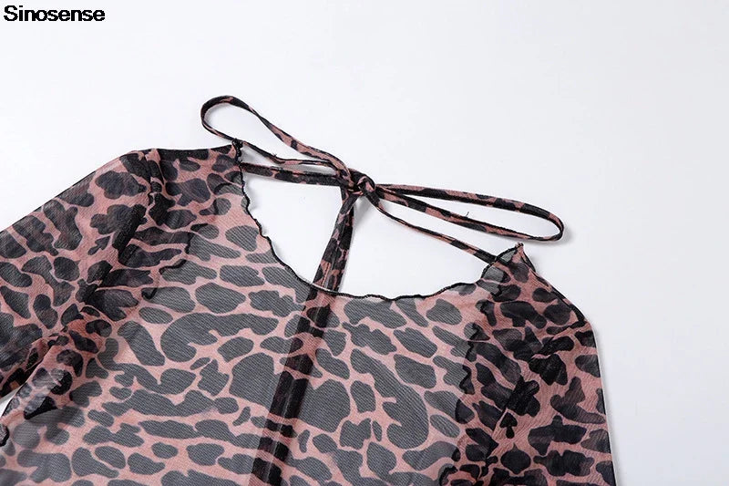 Women’s Leopard Print Backless Mesh Dress – Sexy Sheer Bell Sleeve Slim Bodycon Y2K Nightclub Party Dress