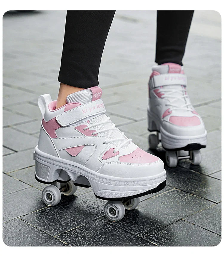 Women's High-Top 4-Wheel Roller Shoes – Fashionable Unisex Pop-Up Sneakers with Wheels, Dual-Purpose Skating & Casual Shoes