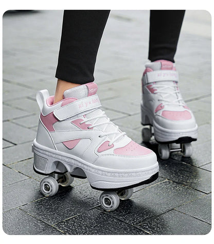 Women's High-Top 4-Wheel Roller Shoes – Fashionable Unisex Pop-Up Sneakers with Wheels, Dual-Purpose Skating & Casual Shoes