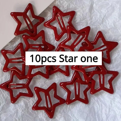 10 Pcs Red Star Snap Clips & Waterdrop Barrettes – Black & Silver Hairpin Accessories for Women Girls