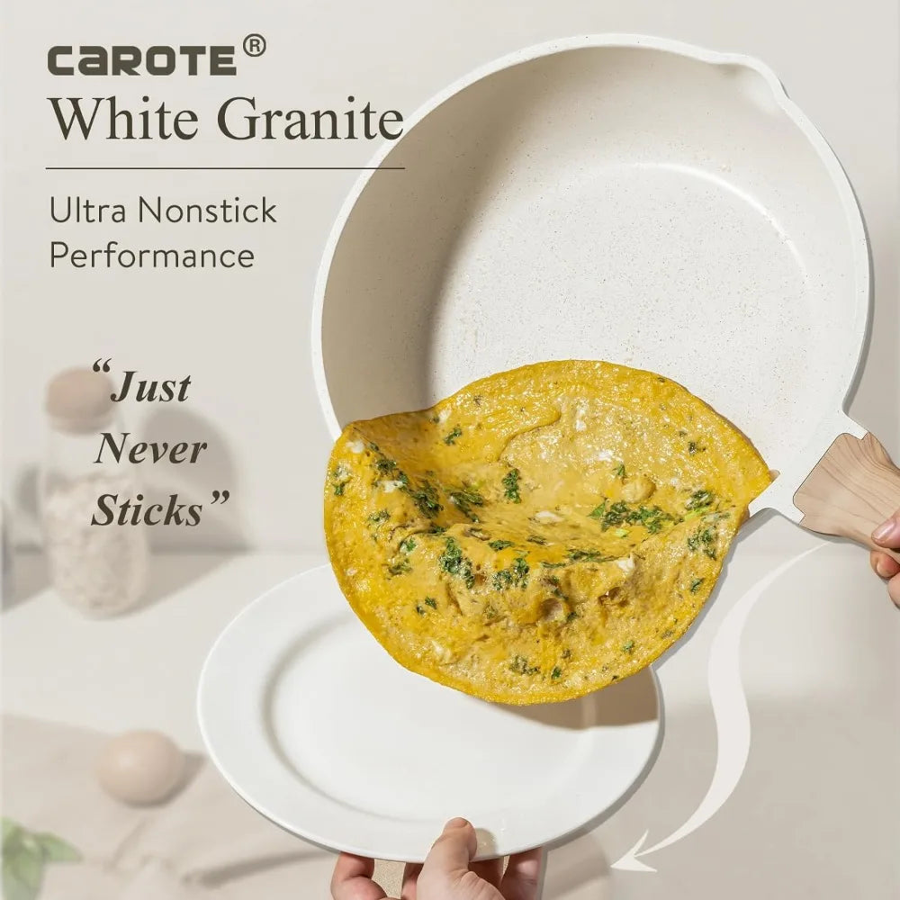 11 Piece White Granite Nonstick Cookware Set - Induction Kitchen Pots and Pans with Frying Pans