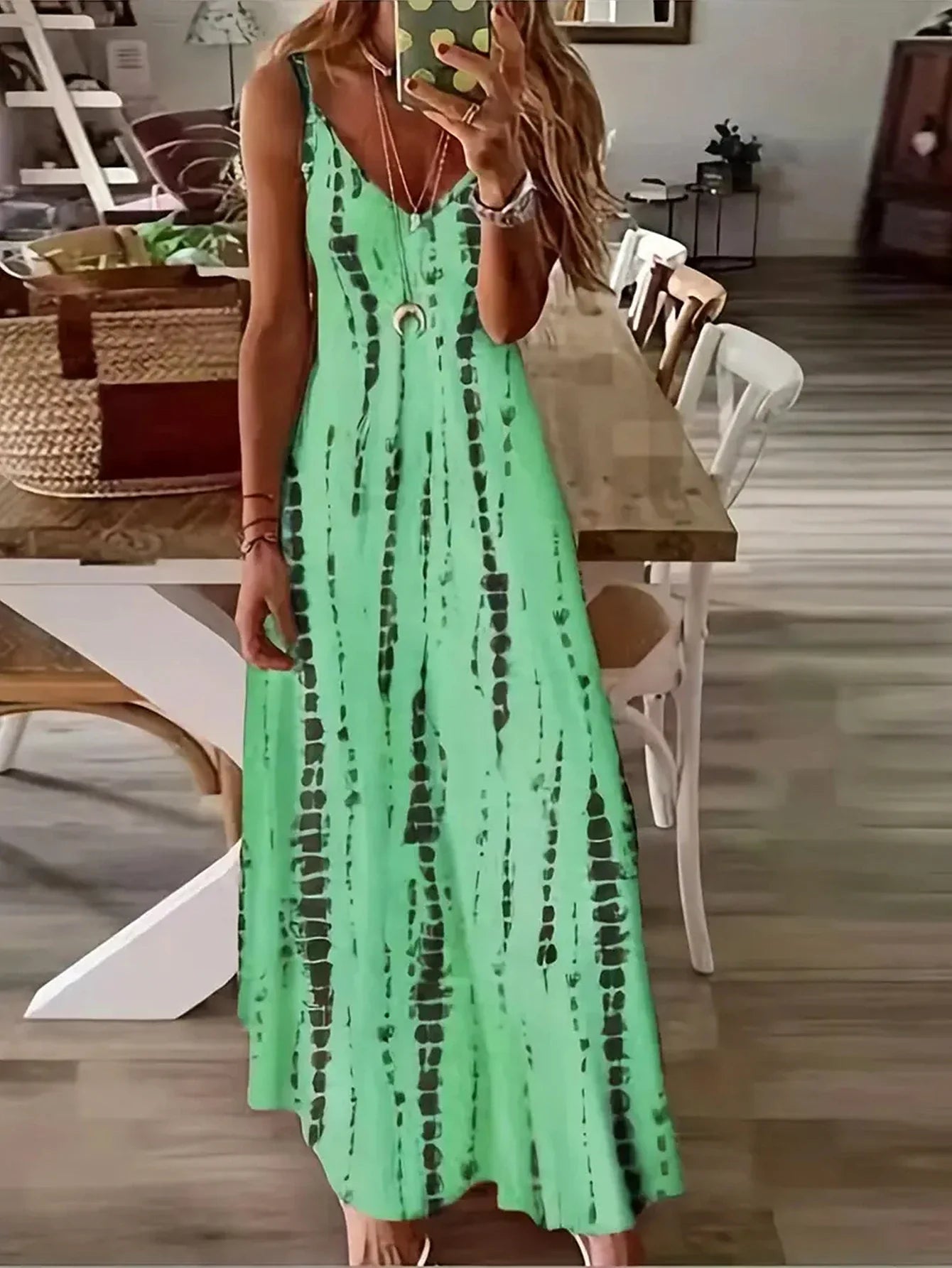 Women’s Casual Tie-Dye Maxi Dress – Loose V-Neck Spaghetti Strap Summer Beach & Vacation Long Dress