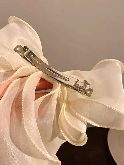White Organza Bow Hair Clips – Fluttering Ribbon, French Fresh Premium Headdress, Large Hair Accessories for Women & Girls
