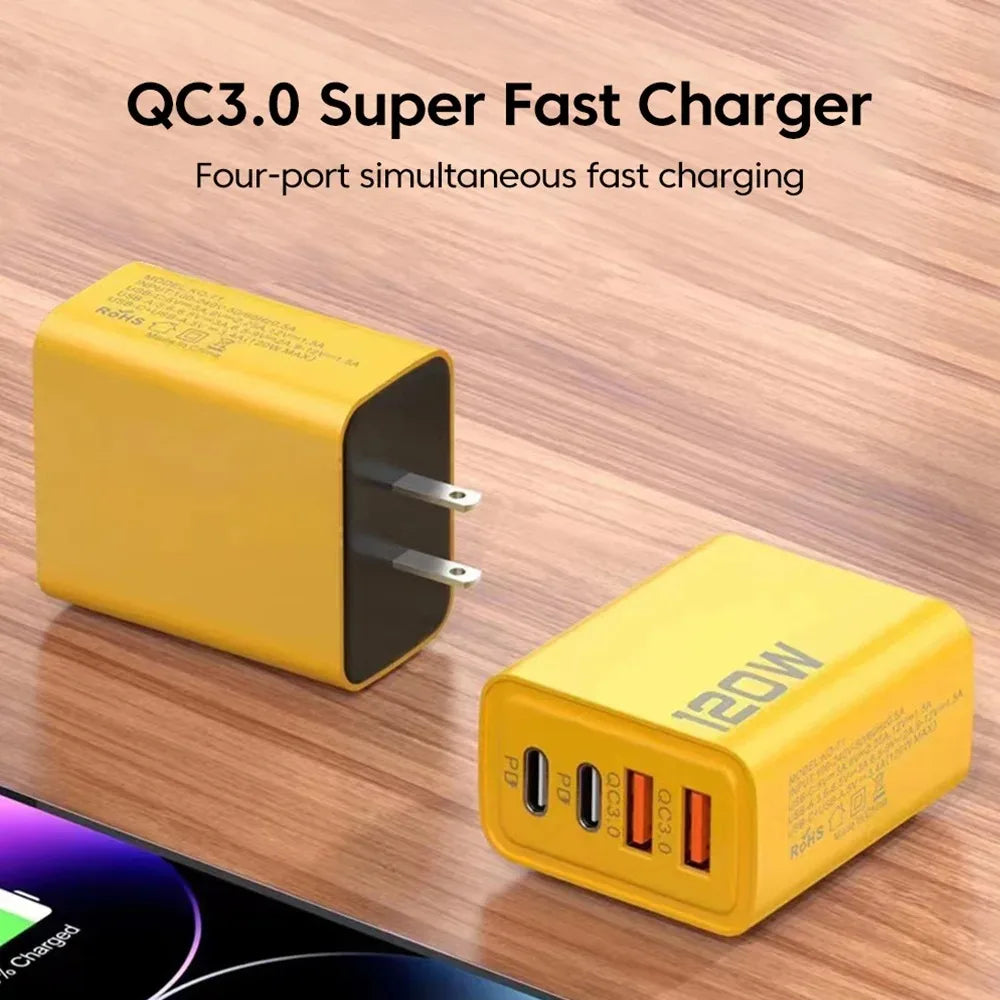 120W 4-Port USB Type-C Fast Charger – Quick Charge Adapter for iPhone, Samsung, Xiaomi