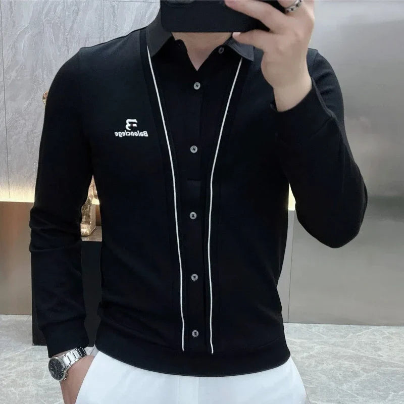 Men’s Business Casual Long Sleeve T-Shirt — Spring & Autumn Streetwear, Fake Two-Piece Fashion Top for Office & Social Wear