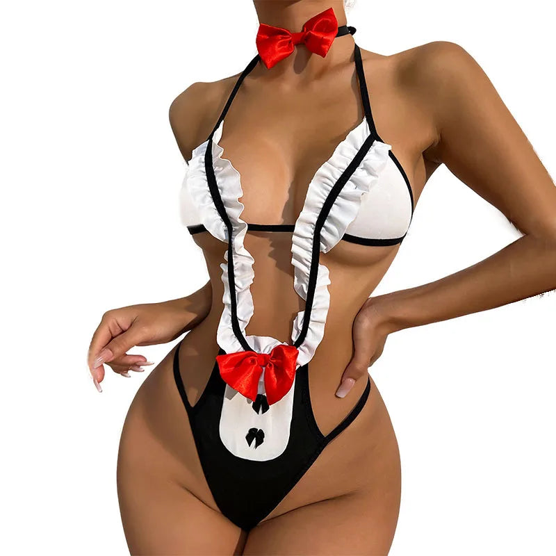 Sheer V-Neck Bodysuit – Women’s Fashion Lingerie Style Bodywear, Sexy Fit Sleepwear & Costume Outfit for Special Occasions