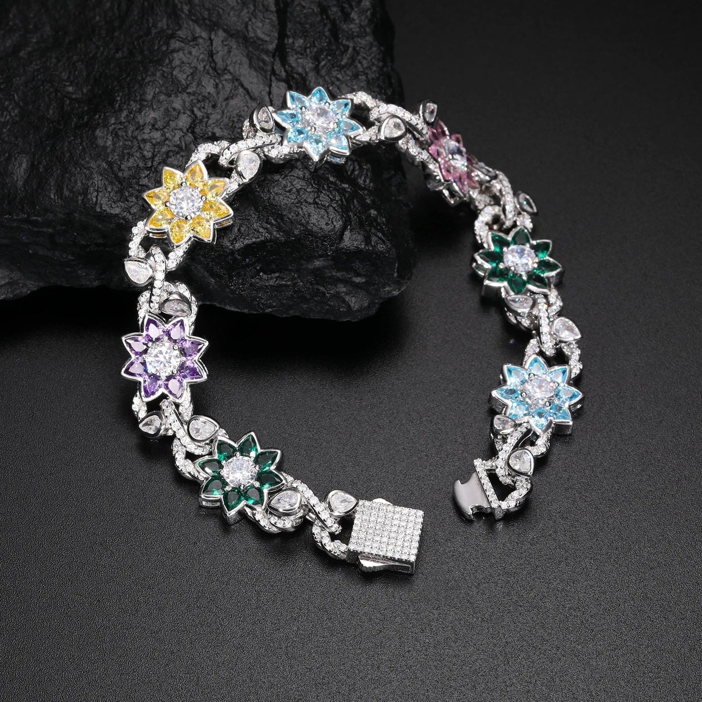 New Iced Out Moissanite Chain Necklace & Colorful Flower Bracelet – Hip Hop S925 Silver, 18K Plated Jewelry for Men & Women