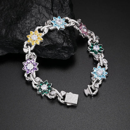 New Iced Out Moissanite Chain Necklace & Colorful Flower Bracelet – Hip Hop S925 Silver, 18K Plated Jewelry for Men & Women