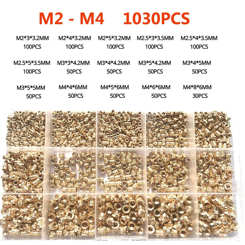 Brass Insert Nut Set M2–M6 – Knurled Hot Melt Threaded Copper Nuts for 3D Printing & Injection Molding