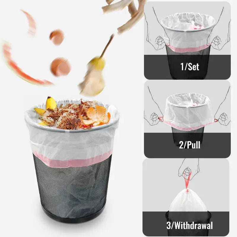 Garbage Bags with Drawstring – Transparent Disposable Bags for Household, Kitchen & Dorm Use, 3 Size Options