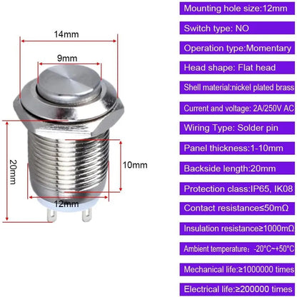 6PCS 12mm Momentary Push Button Switch – 12V Waterproof Chrome Stainless Steel, 2-Pin N/O Power Button
