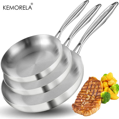 2/3PC Stainless Steel Frying Pan Set - 304 Food Grade Non-Stick Wok Pans, 2MM Thick, 5-Ply, Available in 22cm, 24cm, 26cm, 28cm