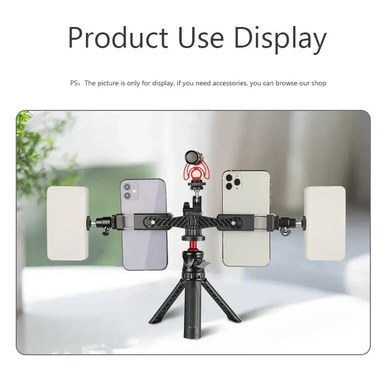 360° Rotatable Dual Phone Holder – Clip Clamp with 4 Cold Shoes & 1/4” Screw for Tripod, Selfie Stick, Vlog & Live Streaming