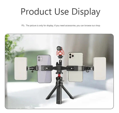 360° Rotatable Dual Phone Holder – Clip Clamp with 4 Cold Shoes & 1/4” Screw for Tripod, Selfie Stick, Vlog & Live Streaming