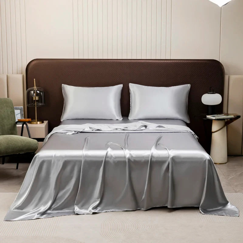 Silky Satin Bed Sheet Set for Summer – Ice Cooling Flat Sheet with Pillowcase, Single/Queen/King Sizes