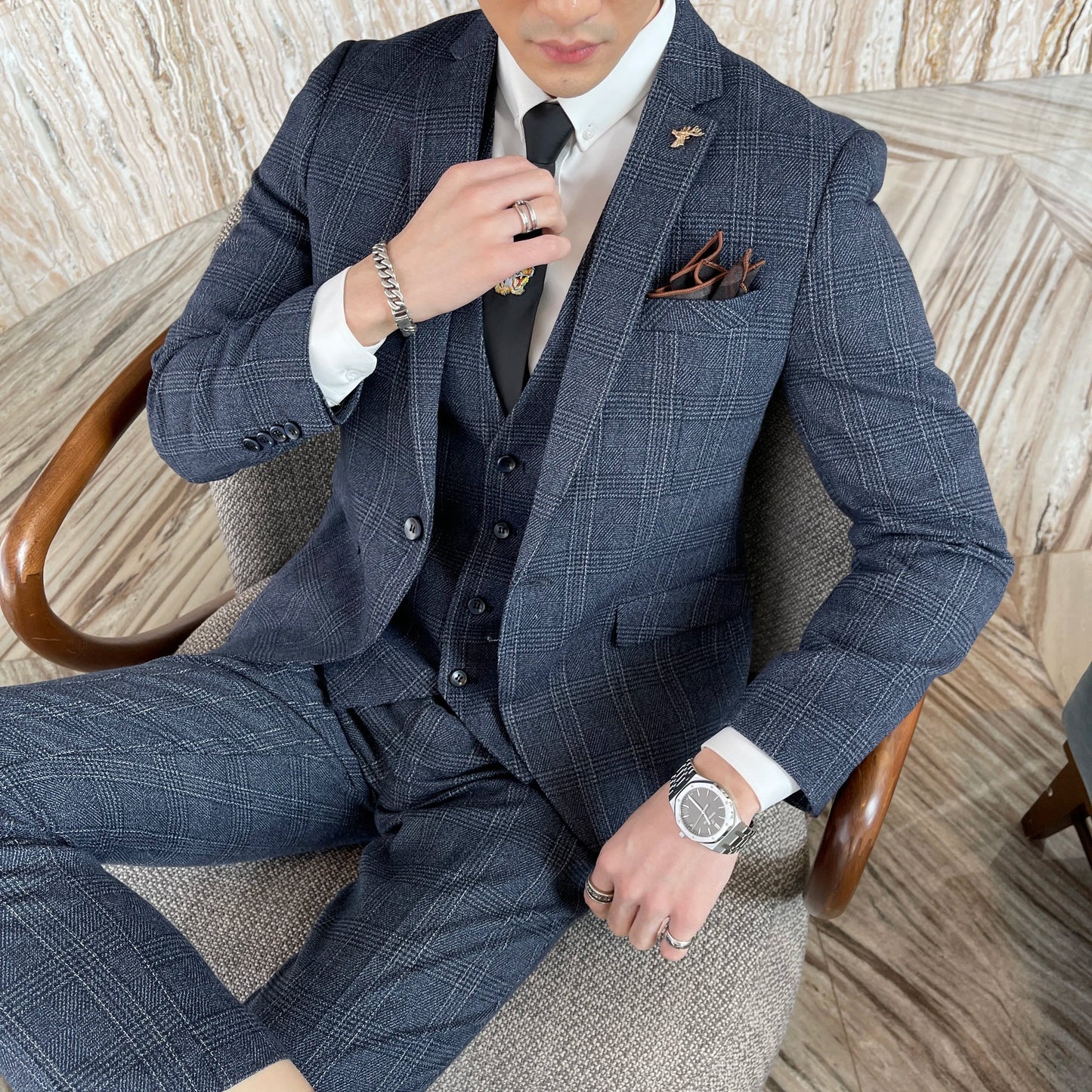 Men’s British Korean Plaid Three-Piece Suit – Stylish Business Casual Set with Blazer, Vest & Trousers