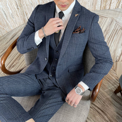 Men’s British Korean Plaid Three-Piece Suit – Stylish Business Casual Set with Blazer, Vest & Trousers