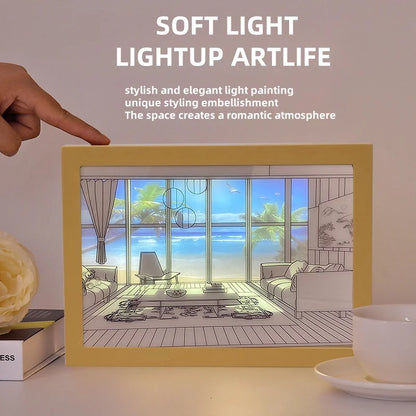 LED Light Painting Wall Art Lamp – Wooden Sunlight Window Dimmable Indoor Night Light Home Decor Table & Bedroom Lighting