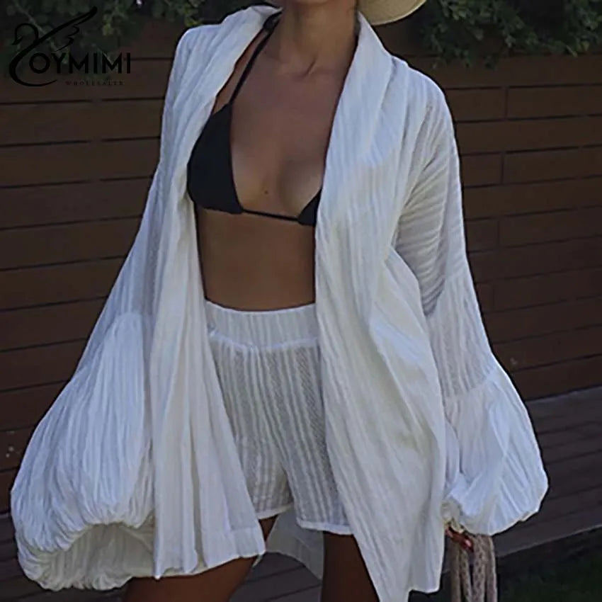 Oymimi Women’s White Cotton Two-Piece Set – Elegant Puff Sleeve Lace-Up Shirt & High-Waisted Shorts