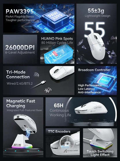 Attack Shark X6 PAW3395 Bluetooth Gaming Mouse — Tri-Mode Connection with RGB Touch, Magnetic Charging Base & Macro Functions