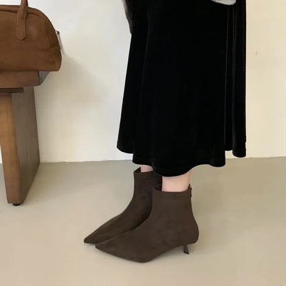 SUOJIALUN 2024 Winter New Women’s Short Boots – Fashion Pointed Toe, Elegant Ankle Boots with Thin High Heel Dress Pumps