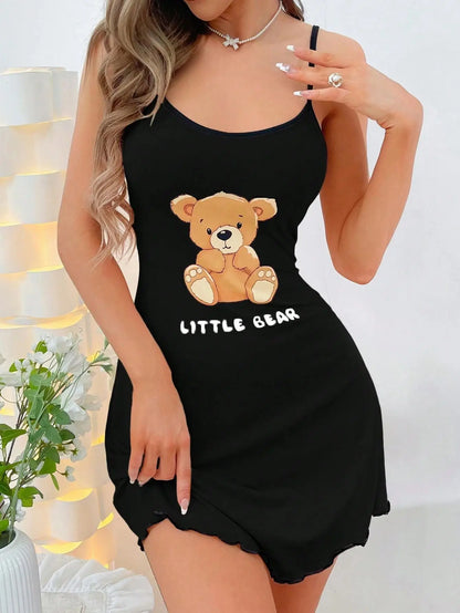 Women’s Little Bear Cami Nightgown - Cute Y2K Spaghetti Strap Mini Sleep Dress Loungewear